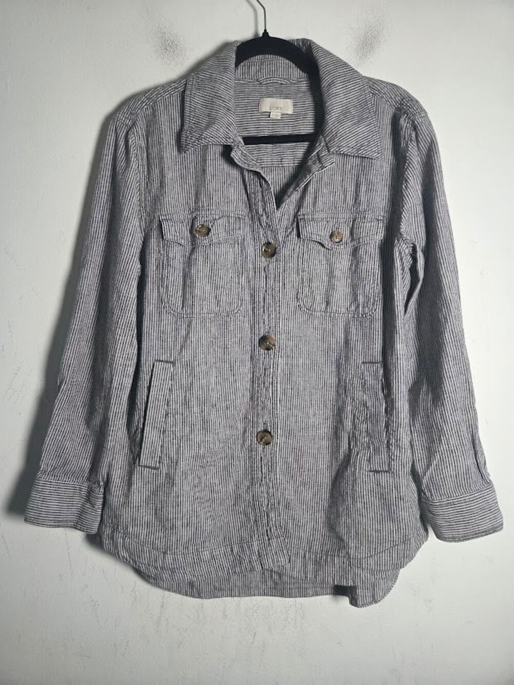 Ann Taylor Loft Grey White Stripped Linen Shacket (Jacket Shirt Combo) sz Medium